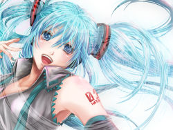Rule 34 | bad id, bad pixiv id, blue eyes, blue hair, hatsune miku, long hair, nail polish, open mouth, solo, tattoo, twintails, vocaloid, wolf025