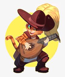 Rule 34 | 1boy, absurdres, boots, brown footwear, brown hat, cape, cat, cat tail, fangs, green eyes, guitar, hat, hat feather, highres, holding, holding instrument, instrument, lillin apoc, music, open mouth, orange fur, playing instrument, puss in boots, puss in boots: the last wish, puss in boots (shrek), solo, tail