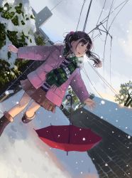 Rule 34 | 1girl, anyannko, blush, boots, brown eyes, brown hair, brown skirt, hair bobbles, hair ornament, highres, jacket, medium hair, miniskirt, open mouth, original, outdoors, pink jacket, scarf, shirt, skirt, snow, snowing, solo, striped clothes, striped shirt, twintails, umbrella, winter clothes