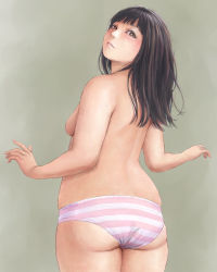 Rule 34 | 1girl, ass, back, bad id, bad pixiv id, black hair, blush, breasts, brown eyes, letsgodke, looking back, original, panties, plump, sideboob, skindentation, small breasts, solo, striped clothes, striped panties, underwear, underwear only