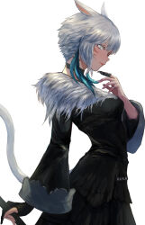 Rule 34 | 1girl, animal ears, arm at side, black choker, black dress, black gloves, cat ears, cat girl, cat tail, choker, claw ring, cowboy shot, dress, expressionless, facial mark, feather hair ornament, feathers, final fantasy, final fantasy xiv, fingerless gloves, from side, fur-trimmed dress, fur trim, gloves, hair ornament, hand up, highres, jewelry, looking at viewer, maho moco, miqo&#039;te, neck tattoo, ring, short hair, simple background, single fingerless glove, solo, standing, tail, tattoo, white background, white eyes, white hair, wide sleeves, y&#039;shtola rhul