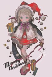 Rule 34 | 1girl, :3, ankle boots, aqua eyes, bad id, bad pixiv id, beige background, bell, blush, boots, box, christmas, closed mouth, dress, english text, full body, fur-trimmed boots, fur trim, gift, gift box, hat, highres, holding, holding bell, kneehighs, light brown hair, long sleeves, looking at viewer, medium hair, merry christmas, namepino, neck ribbon, neck ruff, original, pink ribbon, pom pom (clothes), red dress, red footwear, ribbon, santa costume, santa hat, short dress, short eyebrows, simple background, socks, solo, standing, star (symbol), striped ribbon, thick eyebrows, white socks