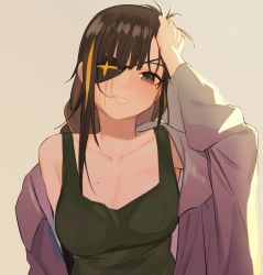 Rule 34 | 1girl, beijuu, blush, breasts, brown eyes, brown hair, cleavage, dress shirt, eyepatch, girls&#039; frontline, green tank top, grey background, hand in own hair, large breasts, long hair, looking at viewer, m16a1 (girls&#039; frontline), messy hair, mole, mole on breast, off shoulder, parted lips, shirt, simple background, smile, solo, tank top, upper body