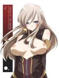 Rule 34 | 00s, 1girl, bad id, bad pixiv id, bare shoulders, blue eyes, breasts, brown hair, character name, copyright name, huge breasts, large breasts, long hair, nipples, no bra, open clothes, open shirt, shirt, solo, tales of (series), tales of the abyss, tear grants, yamazaki kazu
