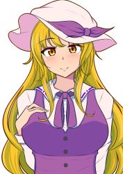 Rule 34 | 1girl, blonde hair, blush, breasts, buttons, closed mouth, collared shirt, commentary request, dress, eyebrows visible through hat, hand on own chest, hat, hat ribbon, highres, kim0501, large breasts, long hair, long sleeves, looking at viewer, purple dress, purple neckwear, purple ribbon, ribbon, shirt, simple background, smile, solo, touhou, upper body, watatsuki no toyohime, white background, white hat, white shirt, yellow eyes