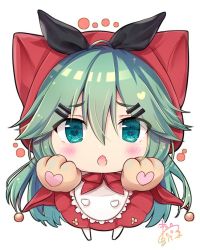 Rule 34 | 1girl, animal hands, blush, chestnut mouth, chibi, commentary request, fang, gloves, green eyes, green hair, hair ornament, hairclip, heart, heart-shaped pupils, kantai collection, little red riding hood, long hair, looking at viewer, maruma (maruma gic), paw gloves, signature, skin fang, solo, symbol-shaped pupils, white background, yamakaze (kancolle)