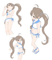 Rule 34 | 1girl, :d, absurdres, ahoge, arms behind back, bare arms, bare shoulders, bikini, blue footwear, blue sailor collar, blush, brown eyes, brown hair, female focus, full body, hakozaki serika, hand up, highres, idolmaster, idolmaster million live!, long hair, multiple views, open mouth, outstretched arms, sailor bikini, sailor collar, sailor swimsuit (idolmaster), sandals, simple background, sincos, smile, standing, swimsuit, twintails, very long hair, white background, white bikini