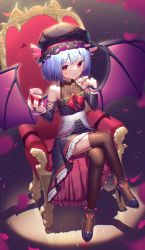 Rule 34 | 1girl, alcohol, alternate costume, bare shoulders, bat wings, black legwear, blue hair, bow, chair, cup, dress, drinking glass, frills, hat, high heels, highres, jewelry, kiramarukou, long fingers, looking at viewer, nail polish, pendant, red eyes, red nails, remilia scarlet, short hair, solo, thighs, touhou, wine, wine glass, wings