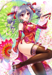 Rule 34 | 10s, 1girl, black thighhighs, breasts, cherry blossoms, china dress, chinese clothes, cleavage, cleavage cutout, clothing cutout, dress, drill hair, fishnet thighhighs, fishnets, folding fan, hand fan, idolmaster, idolmaster cinderella girls, kanzaki ranko, long hair, looking at viewer, oil-paper umbrella, open mouth, pelvic curtain, side slit, silver hair, solo, thighhighs, twin drills, twintails, umbrella, urabi (tomatohouse)