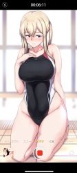 Rule 34 | 1girl, black one-piece swimsuit, blonde hair, breasts, competition swimsuit, covered navel, embarrassed, full body, graf zeppelin (kancolle), grey eyes, hair between eyes, hand on own chest, highleg, highleg swimsuit, highres, kantai collection, kneeling, large breasts, long hair, looking at viewer, one-piece swimsuit, osterei, fake phone screenshot, sidelocks, solo, swimsuit, tsurime, twintails, viewfinder
