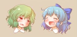 Rule 34 | 2girls, arinu, blue bow, blue hair, blush, bow, brown background, cirno, closed eyes, commentary request, green hair, hair between eyes, hair bow, kazami yuuka, multiple girls, open mouth, portrait, red eyes, short hair, simple background, smile, touhou