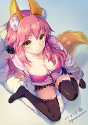 Rule 34 | 10s, 1girl, animal ears, bikini, black thighhighs, bra, breasts, cleavage, collarbone, fate/extra, fate (series), fox ears, fox tail, large breasts, long hair, looking at viewer, looking up, official alternate costume, paint musume, pink bra, pink hair, sitting, smile, solo, swimsuit, tail, tamamo (fate), tamamo no mae (fate/extra), tamamo no mae (spring casual) (fate), thighhighs, twitter username, underwear, yellow eyes