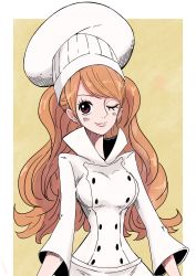 Rule 34 | 1girl, blush, breasts, brown hair, buttons, charlotte pudding, chef, chef hat, chef, cook, hat, highres, large breasts, long hair, one eye closed, one piece, sherumaru (korcht06), sidelocks, solo, upper body