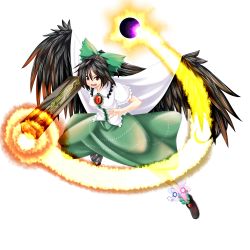 Rule 34 | 1girl, absurdres, arm cannon, black hair, bow, cape, fang, female focus, fire, full body, hair bow, highres, long hair, madara hato, open mouth, red eyes, reiuji utsuho, solo, touhou, transparent background, weapon