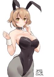 Rule 34 | 1girl, animal ears, black leotard, bow, bowtie, brown hair, collarbone, covered navel, dated, detached collar, fake animal ears, fake tail, flipped hair, green eyes, grey pantyhose, highleg, highleg leotard, highres, kantai collection, leotard, mutsu (kancolle), owa (ishtail), pantyhose, playboy bunny, rabbit ears, rabbit tail, short hair, signature, simple background, solo, strapless, strapless leotard, tail, white background, wrist cuffs