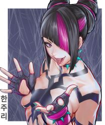 Rule 34 | 1girl, absurdres, ai shou, fingerless gloves, gloves, han juri, highres, looking at viewer, nail polish, nails, one eye covered, street fighter, street fighter 6, tongue, tongue out