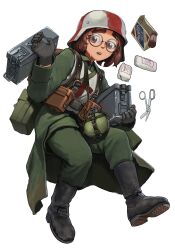 Rule 34 | 1girl, abigail (panzerfritz), absurdres, ammunition box, bandages, belt, black footwear, boots, borrowed character, brown eyes, brown hair, canteen, coat, combat helmet, commentary request, cross, first aid, first aid kit, german army, germany, glasses, gloves, green coat, green pants, helmet, highres, holding, legs apart, load bearing equipment, long sleeves, looking at viewer, medic, medium hair, military, military uniform, original, pants, pants tucked in, pouch, red cross, red headwear, rifleman1130, round eyewear, scissors, simple background, soldier, solo, stahlhelm, sweat, sweatdrop, two-tone headwear, uniform, wehrmacht, white background, white headwear, world war ii