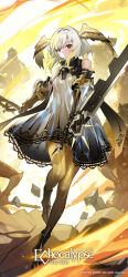 Rule 34 | 1girl, absurdres, armlet, armor, artist request, bare shoulders, black footwear, blonde hair, bracer, breasts, copyright notice, cross, dress, dual wielding, echocalypse, gradient hair, grey hair, head wings, highres, holding, holding sword, holding weapon, inverted cross, logo, mechanical hands, mechanical sword, medium breasts, multicolored hair, official art, pantyhose, red eyes, rie (echocalypse), rock, second-party source, see-through, see-through dress, short hair, sword, weapon, white dress, wings, yellow pantyhose