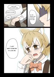 Rule 34 | 10s, 1girl, animal ear fluff, apron, arkeden razeare, backlighting, bags under eyes, bow, bowtie, brown eyes, clenched hand, collared shirt, commentary request, crying, crying with eyes open, empty eyes, english text, furrowed brow, highres, kemono friends, long sleeves, open mouth, profile, shaded face, shirt, short hair, speech bubble, tears, thylacine (kemono friends), thylacine ears, trembling, white shirt