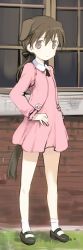 Rule 34 | 1girl, animal ears, bare legs, brown eyes, brown hair, dog ears, dog tail, dress, gertrud barkhorn, hair ribbon, juliet sleeves, long sleeves, mary janes, pink dress, pink skirt, ponytail, puffy sleeves, ribbon, shimada fumikane, shoes, short dress, skirt, solo, strike witches, tail, window, world witches series, aged down