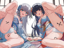 2girls arm_rest arpeggio_kaga black_hair blue_eyes blue_kimono blunt_bangs blush breasts butterfly_hair_ornament cameltoe character_request cleavage collarbone commentary_request floral_print flower grey_eyes hair_flower hair_ornament highres hime_cut houchi_shoujo ink japanese_clothes kimono lace lace_panties leg_up long_hair looking_at_viewer medium_breasts multiple_girls off_shoulder on_floor open_clothes open_kimono open_mouth panties presenting sitting spread_legs tatami underwear white_hair white_kimono white_panties