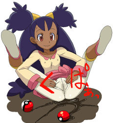 Rule 34 | 1girl, artist request, black hair, breasts, brown eyes, covered erect nipples, creatures (company), dark-skinned female, dark skin, game freak, gym leader, iris (pokemon), lowres, nintendo, no panties, oekaki, poke ball, pokemon, pokemon (anime), pussy, pussy juice, simple background, small breasts, smile, solo, spread legs, spread pussy, spread pussy under clothes, sweat, third-party source, twintails, two side up