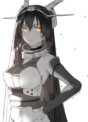 Rule 34 | 1girl, absurdres, bad id, bad twitter id, black gloves, black hair, closed mouth, collar, commentary request, covering privates, covering breasts, elbow gloves, fingerless gloves, gloves, greyscale, hair between eyes, headgear, highres, kantai collection, long hair, midriff, monochrome, nagato (kancolle), nagato kai ni (kancolle), navel, neko (ganecooo), one-hour drawing challenge, orange eyes, sidelocks, solo, white background