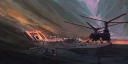 Rule 34 | aircraft, dark, helicopter, highres, landscape, lhlclllx97, no humans, original, outdoors, science fiction, valley