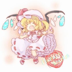 Rule 34 | 1girl, :d, ^ ^, alternate wings, blonde hair, blush, bow, character name, chibi, closed eyes, cosplay, dress, closed eyes, fang, female focus, flandre scarlet, hat, hat bow, open mouth, petticoat, remilia scarlet, remilia scarlet (cosplay), sen1986, side ponytail, skirt, skirt set, smile, solo, touhou, wings, wrist cuffs