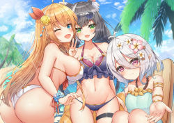 Rule 34 | 3girls, :d, ahoge, animal ear fluff, animal ears, antenna hair, armband, ass, bare shoulders, bikini, black hair, blue eyes, bracelet, breasts, cat ears, cat girl, chair, cleavage, cloud, collarbone, cowboy shot, eyewear on head, fang, flower, frilled bikini, frills, gluteal fold, green eyes, hair between eyes, hair flower, hair ornament, halterneck, highres, jewelry, karyl (princess connect!), karyl (summer) (princess connect!), kokkoro (princess connect!), kokkoro (summer) (princess connect!), large breasts, long hair, looking at viewer, medium breasts, multicolored hair, multiple girls, navel, one-piece swimsuit, one eye closed, open mouth, orange hair, outstretched arm, pecorine (princess connect!), pecorine (summer) (princess connect!), pointy ears, princess connect!, purple bikini, reaching, reaching towards viewer, red eyes, ryakusun, scrunchie, short hair, side-tie bikini bottom, sideboob, sitting, sky, small breasts, smile, streaked hair, sunglasses, sunlight, swimsuit, tail, thigh strap, twintails, v, very long hair, white bikini, white flower, white hair, wrist scrunchie