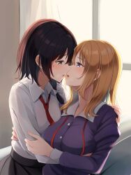 Rule 34 | 2girls, black hair, black skirt, blonde hair, blue eyes, bow, breasts, brown eyes, commentary request, dress, dress shirt, eye contact, face-to-face, fumei (mugendai), hair bow, highres, hug, imminent kiss, large breasts, long sleeves, looking at another, loose neck ribbon, loose necktie, maribel hearn, medium hair, multiple girls, neck ribbon, necktie, no headwear, purple dress, red necktie, ribbon, shirt, side ponytail, skirt, touhou, upper body, usami renko, white bow, white shirt, window, yuri