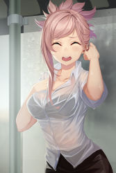 Rule 34 | 1girl, :d, ^ ^, black bra, black skirt, bra, bra visible through clothes, closed eyes, collarbone, collared shirt, commentary request, fate/grand order, fate (series), gaoyang ou nisang, hand on own chest, hands up, highres, light brown hair, long hair, looking at viewer, miyamoto musashi (fate), open mouth, shirt, short sleeves, skirt, smile, solo, teeth, underwear, upper teeth only, wet, wet clothes, wet hair, wet shirt, white shirt