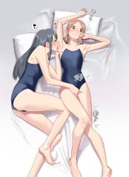Rule 34 | 2girls, @ @, absurdres, aoi hana, licking armpit, armpits, arms up, ass, bare shoulders, black hair, blue one-piece swimsuit, blush, breasts, brown eyes, brown hair, collarbone, covered navel, ear blush, embarrassed, feet, feet out of frame, fingering, fingering through clothes, flat chest, frown, glasses, green eyes, heart, highres, hiramedousa, licking, long hair, lying, manjoume fumi, multiple girls, nose blush, okudaira akira, on back, on side, one-piece swimsuit, parted bangs, school swimsuit, sidelocks, skinny, small breasts, sound effect request, sound effects, spoken heart, sweat, swimsuit, thighs, through clothes, toes, trembling, twintails, yuri
