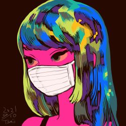 Rule 34 | 1girl, black background, colored skin, dated, grey eyes, highres, long hair, mask, mouth mask, multicolored hair, original, portrait, procreate (medium), purple skin, signature, simple background, solo, tomidoron, white mask