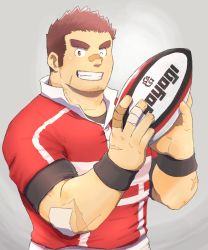 Rule 34 | 1boy, ball, bara, blush, brown hair, chest hair, facial hair, tamamura gunzo, highres, large pectorals, looking at viewer, male focus, manly, muscular, pectorals, rugby ball, simple background, solo, stubble, tokyo houkago summoners, upper body, yanutorie