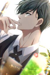 Rule 34 | 1boy, absurdres, black vest, blue eyes, blue lock, collared shirt, commentary request, cross tie, fingernails, green hair, highres, jewelry, male focus, may (illust man 2020), necklace, parted lips, shirt, short hair, solo, vest, waiter, white shirt