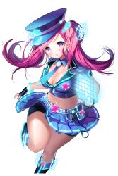 Rule 34 | 1girl, aile (crossroads), belt, blue hat, blue skirt, breasts, circle skirt, cleavage, cuffs, handcuffs, hat, highres, holographic interface, large breasts, midriff, navel, necktie, open mouth, pink hair, running, see-through, skirt, soccer spirits, solo, standing, transparent background, z001 silvia