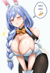 Rule 34 | 1girl, absurdres, animal ear fluff, animal ears, ara ara, blue hair, blush, bow, bowtie, braid, breasts, brown pantyhose, carrot, cleavage, clothing cutout, collarbone, grin, highres, hololive, large breasts, leotard, light blue hair, long hair, long sleeves, looking at viewer, mature female, mole, mole on breast, one eye closed, pantyhose, pekomama, rabbit ears, rabbit girl, red eyes, shoulder cutout, smile, solo, speech bubble, thick eyebrows, translation request, virtual youtuber, white hair, white leotard, xkit