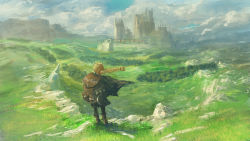 Rule 34 | 1girl, backpack, bag, blonde hair, boots, braid, cape, castle, city, cloud, cloudy sky, commentary request, day, from behind, frying pan, grass, long hair, original, outdoors, scenery, single braid, sky, solo, standing, valley, wind, you shimizu