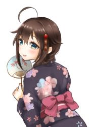Rule 34 | 10s, 1girl, ahoge, animal print, bad id, bad pixiv id, blue eyes, blush, bow, braid, brown hair, fish print, floral print, goldfish print, hair ornament, hand fan, japanese clothes, kantai collection, kimono, long hair, looking back, nuno (pppompon), paper fan, shigure (kancolle), side braid, simple background, smile, solo, uchiwa, white background