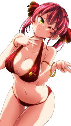 Rule 34 | 1girl, :3, aono3, bikini, blush, bracelet, breasts, cleavage, closed mouth, collarbone, highres, hololive, houshou marine, houshou marine (summer), jewelry, large breasts, long hair, looking at viewer, navel, one eye closed, red bikini, red hair, solo, swimsuit, twintails, v, virtual youtuber, yellow eyes