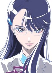 Rule 34 | 1girl, blue eyes, commentary request, eyelashes, hair ornament, hairclip, heartcatch precure!, highres, long hair, looking at viewer, precure, purple hair, ribbon, school uniform, serious, simple background, solo, tsukikage oyama, tsukikage yuri, white background