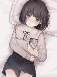 Rule 34 | 1girl, bad id, bad pixiv id, bed sheet, black bow, black hair, black shorts, blunt bangs, bow, brown eyes, brown nails, brown shirt, cellphone, commentary request, crying, crying with eyes open, hair ornament, hairclip, heart, holding, holding phone, jewelry, lying, nail polish, on back, original, phone, pillow, ring, shirt, short hair, short shorts, shorts, solo, tears, tsuruse, x hair ornament