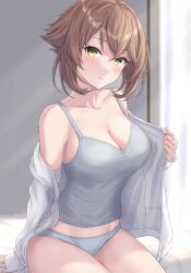 Rule 34 | 1girl, absurdres, blush, breasts, brown hair, camisole, cleavage, closed mouth, collarbone, green eyes, grey camisole, grey panties, hair between eyes, highres, indoors, kantai collection, large breasts, long sleeves, monoku, mutsu (kancolle), open clothes, open shirt, panties, shirt, short hair, smile, solo, underwear, white shirt