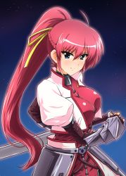 Rule 34 | 1girl, ahoge, armor, blue eyes, blush, breasts, cropped jacket, diesel-turbo, faulds, fingerless gloves, gauntlets, gloves, hair between eyes, hair ribbon, holding, holding sheath, impossible clothes, jacket, laevatein (nanoha), large breasts, long hair, looking at viewer, lyrical nanoha, mahou shoujo lyrical nanoha, mahou shoujo lyrical nanoha a&#039;s, night, pink hair, puffy sleeves, ribbon, sheath, sheathed, shiny clothes, signum, smile, star (sky), sword, very long hair, weapon