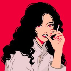 Rule 34 | 1girl, cigarette, collared shirt, curly hair, flat color, hand up, holding, holding cigarette, limited palette, long sleeves, looking at viewer, minillustration, nail polish, original, parted lips, red background, red eyes, red nails, shadow, shirt, simple background, smile, solo, white shirt