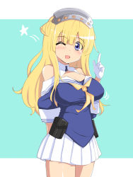 1girl arm_behind_back blonde_hair blue_background blue_eyes blue_shirt breasts cleavage commentary_request cowboy_shot double_bun fletcher_(kancolle) gloves hair_bun hairband index_finger_raised kantai_collection large_breasts long_hair looking_at_viewer momomi_patricia neckerchief off_shoulder one_eye_closed pleated_skirt sailor_collar school_uniform serafuku shirt skirt smile solo two-tone_background white_gloves white_sailor_collar white_skirt yellow_neckerchief