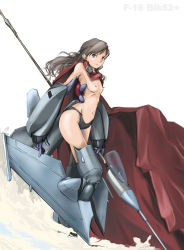 Rule 34 | 1girl, aircraft, airplane, blue eyes, breasts, brown hair, cape, f-16, jet, long hair, mecha musume, medium breasts, military, nano (nanosize), nipples, original, personification, polearm, solo, spear, topless, weapon