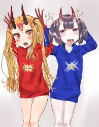 Rule 34 | 2girls, absurdres, arms up, blonde hair, blue hoodie, blush, brown background, brown eyes, bunching hair, clothes writing, collarbone, commentary request, drawstring, english text, facial mark, fangs, fate/grand order, fate (series), forehead mark, gradient background, highres, hood, hood down, hoodie, horns, ibaraki douji (fate), locked arms, long hair, long sleeves, makano mucchi, multiple girls, oni, open mouth, pale skin, purple eyes, purple hair, red hoodie, shiny skin, short hair, shuten douji (fate), skin-covered horns, thick eyebrows, tongue, tongue out, twintails, very long hair, white background