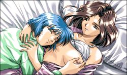 Rule 34 | 2girls, 4bpp, bed, blue hair, bra, bra lift, grabbing another&#039;s breast, breasts, brown hair, fermion, game cg, grabbing, lingerie, multiple girls, open clothes, open shirt, pajamas, pc-98 (style), pc98, shirt, short hair, smile, underwear, yuri
